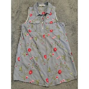 BCBGeneration Shirt Dress Womens Medium Blue Striped Floral Embroidered Button